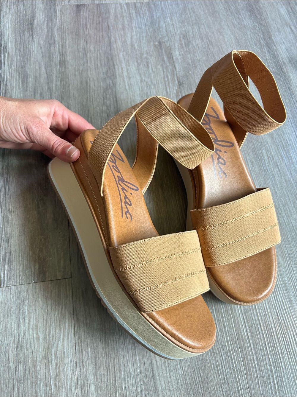 Zodiac Platform Sandal in Tan and Cream with Elastic Ankle Strapping new